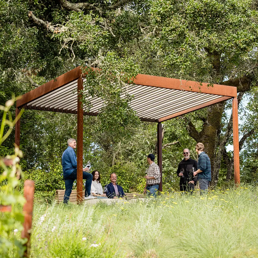 The Fe team, a group of five people stand and sit under a modern, metal-frame pergola in an outdoor, wooded setting, holding glasses of wine.