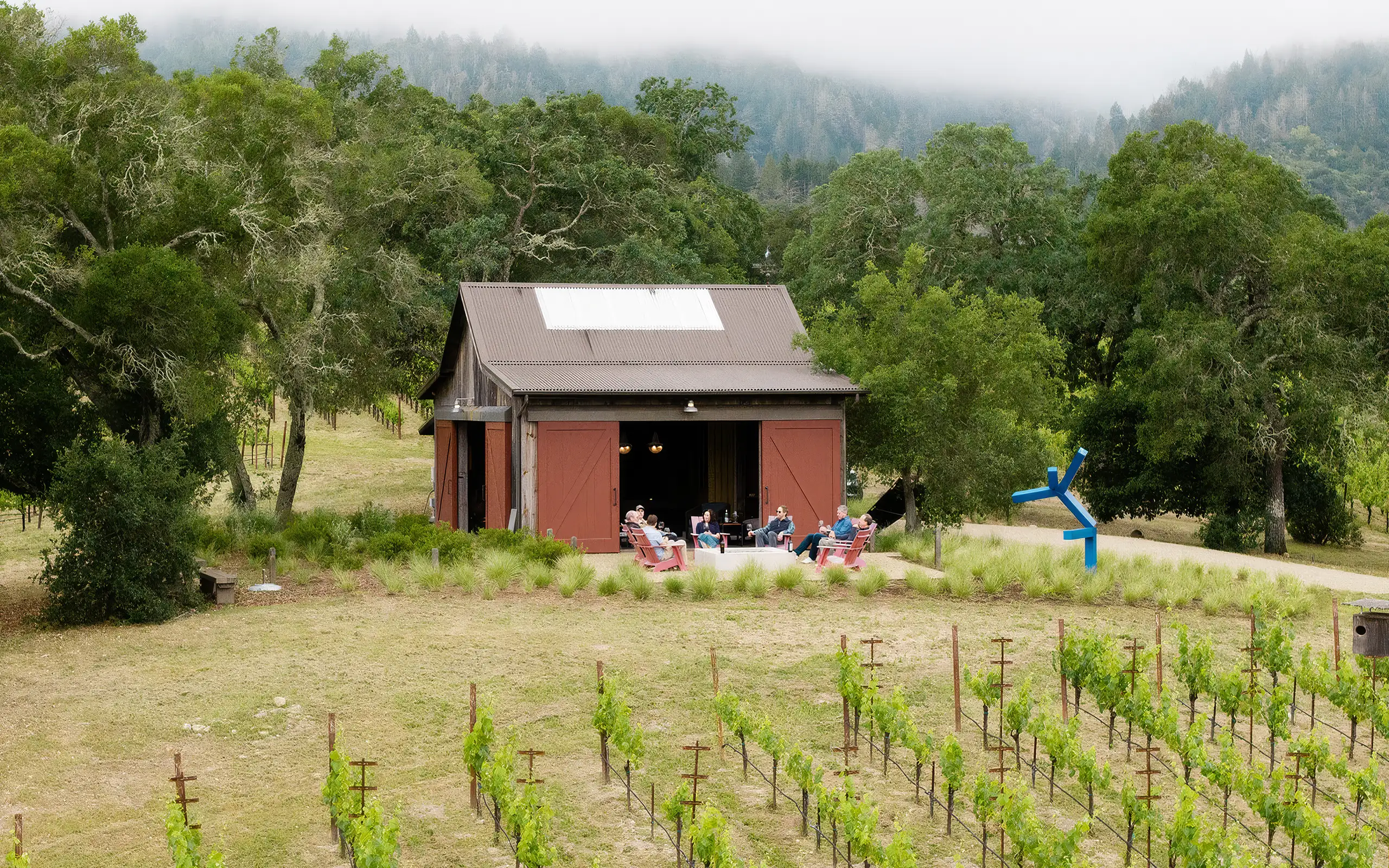 A group of people sit in red chairs outside an open barn surrounded by a vineyard.